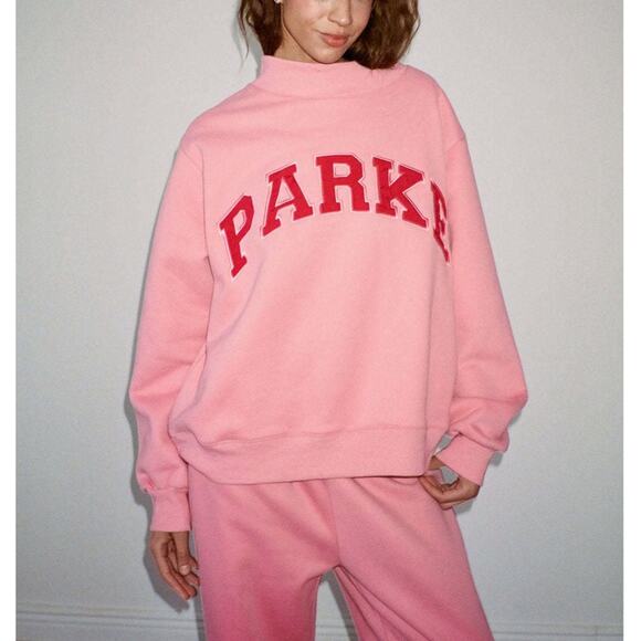 PARKE Varsity Pink Red Logo Mockneck Sweatshirt S/M NEW Valentines Day Pullover - Picture 1 of 7
